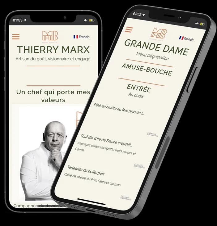 Menu digital de Madame Brasserie affiché sur deux smartphones : page du chef Thierry Marx et menu dégustation